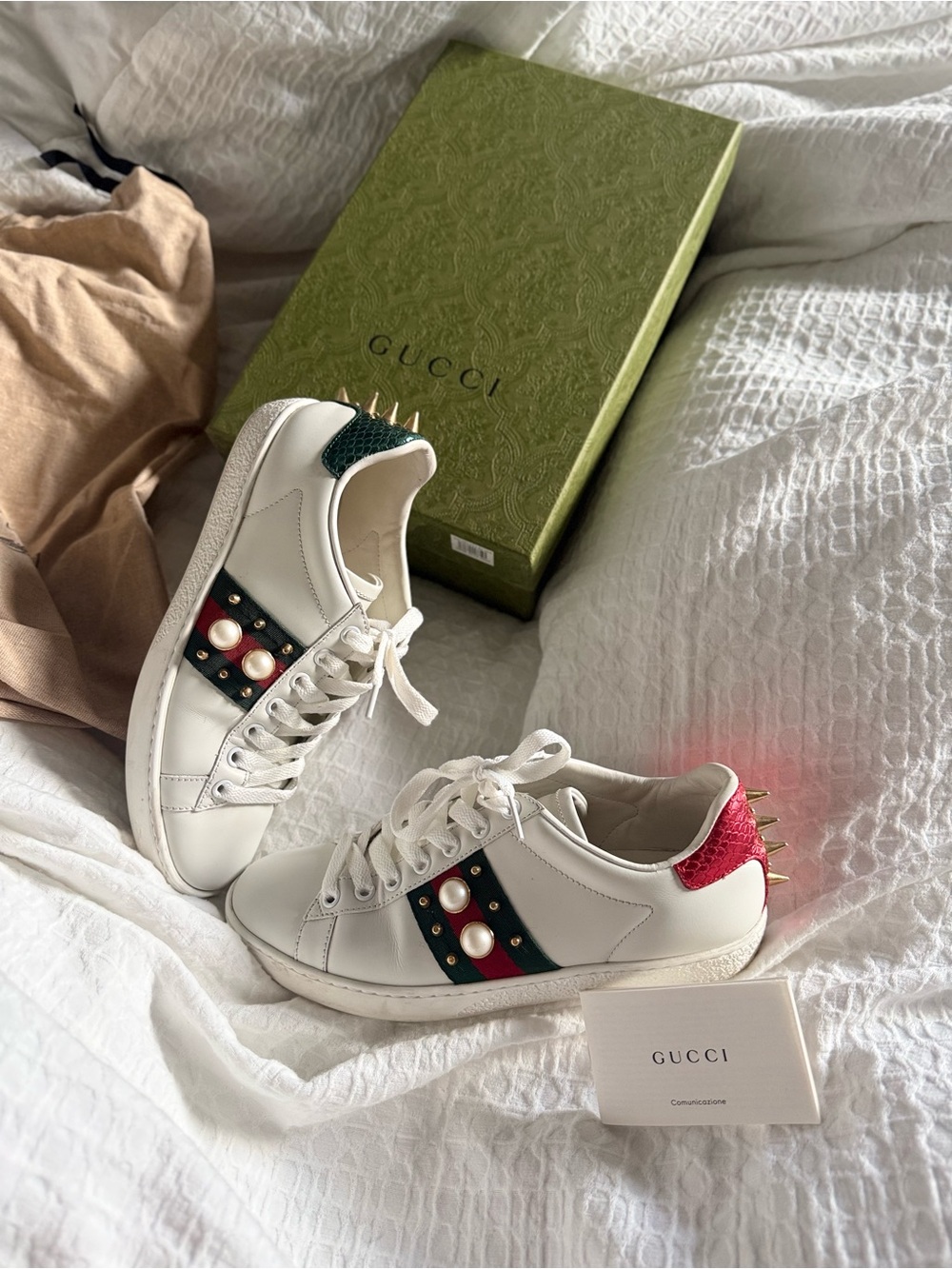 Gucci White Leather Low-Top Sneakers with Green & Red Web and Pearl Accents